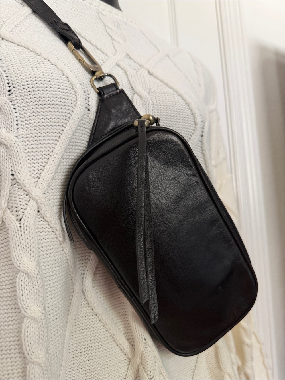HOBO Black Leather Crossbody Belt Bag with Tassel Pull